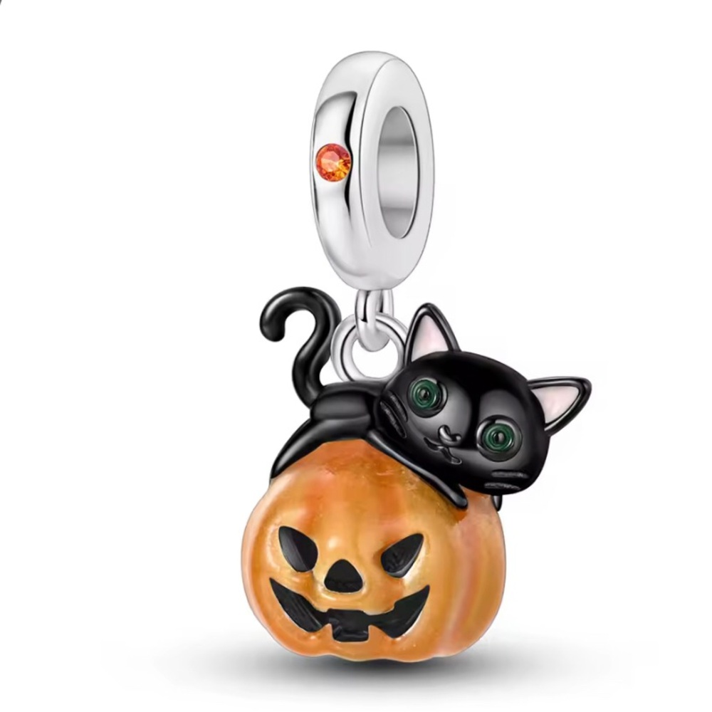 Sterling silver/ ceramic black cat on Pumpkin Halloween Charm - Orange & Black